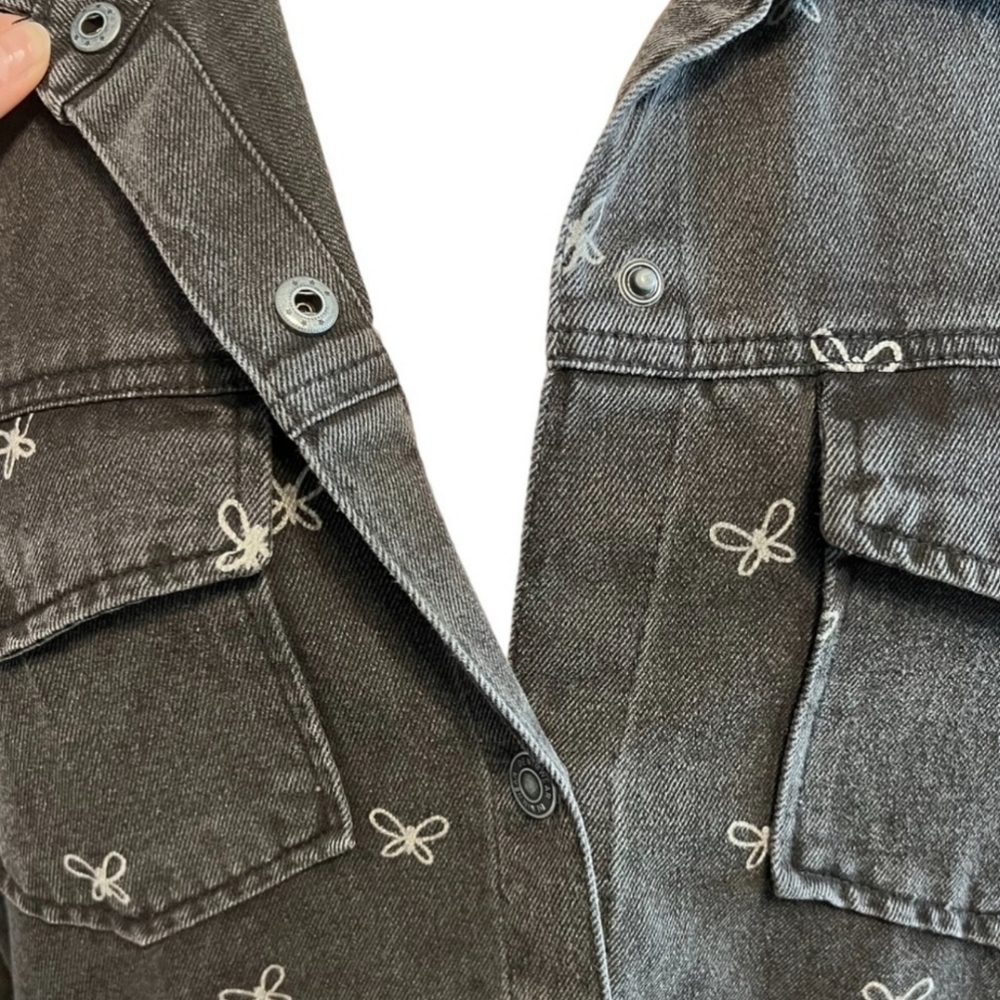 Stoosh Vintage Denim Women's Size L Black/Grey Butterfly Print Cropped Jacket - Picture 3 of 14
